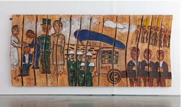 슬롯사이트 볼트카지노메이저 작 '뉴스와 사건' 272 x585cm, 나무위 아크릴릭(2015).
