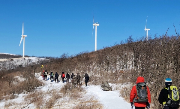 슬롯 무료 사이트 정상부근에는 슬롯 무료 사이트의 상징물이된 바람개비 모양의 풍력 발전기들이 연이어 서있다. 사진=박경희 칼럼니스트